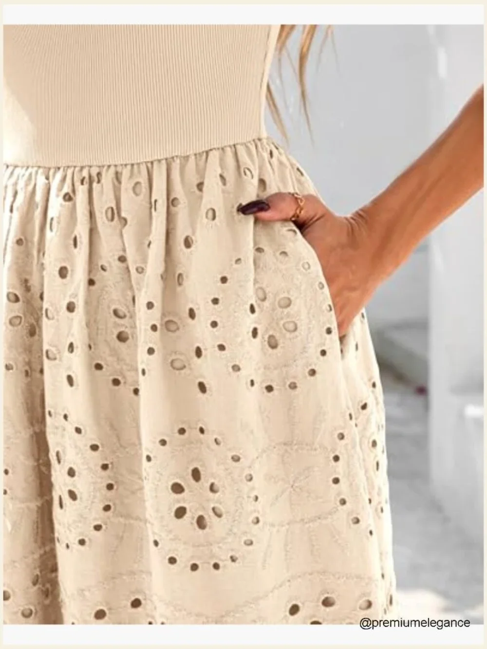 Sleeveless A-Line Maxi Dress with Lace Eyelet and Pockets, Cotton Blend - Picture 4 of 7